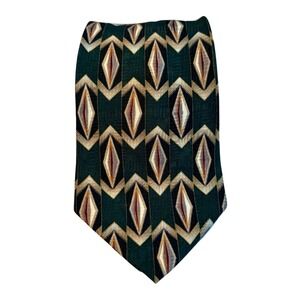 Bill Blass Black Label Mens Silk Tie Green Gold Geometric Diamond‎ Art Deco 4in